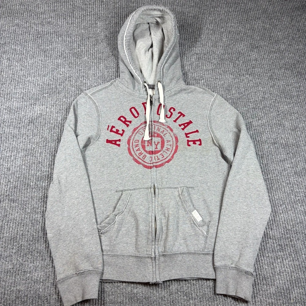 Aeropostale Hoodie Womens Extra Small Heather Gray Graphic Fleece Lined Full Zip